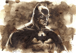 Arte com café: Pinturas de Batman, Homem-Aranha e Wolverine em leilão