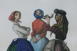Abílio de Mattos e Silva (1908-1985) "Mulheres em traje de trabalho", s.d. Técnica mista sobre papel obra ass.; abilio/nazareth; canto inf. dir. dim.: 29x20,5 cm
