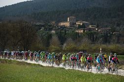 O pelotão durante a edição 2016 da Strade Bianche. Foto©Getty Images/ Bryn Lennon