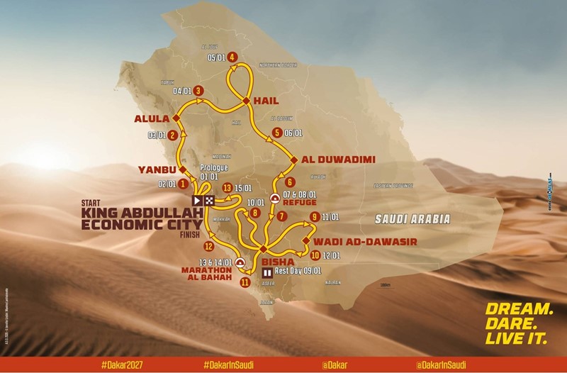 Conhecida a rota do Dakar 2027, que se realizará de 1 a 15 de janeiro