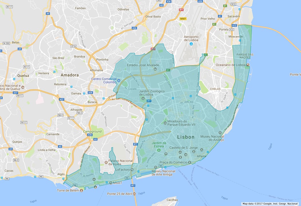 Área de operação do DriveNow em Lisboa
