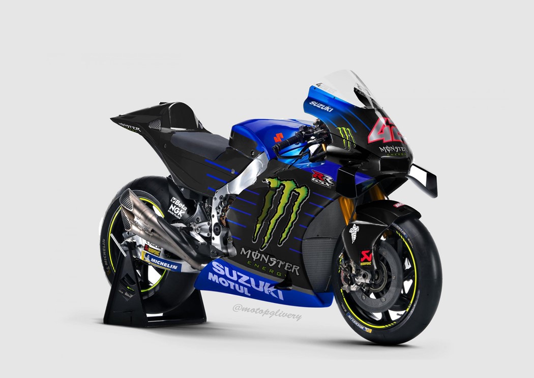 Imagem criada por computador que imagina como será a Suzuki GSX-RR com as cores da Monster Energy em 2021