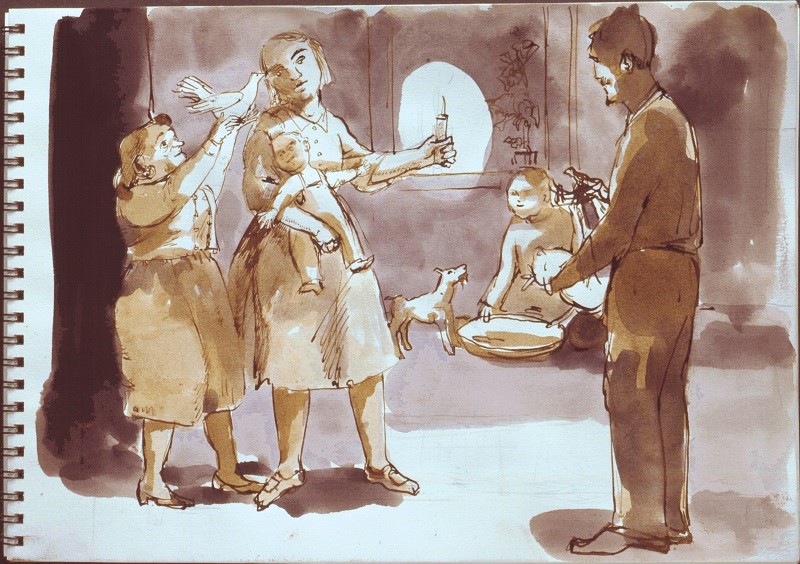 Purificação no Templo (2002) | Estudo a Tinta-da-China e Aguarela | Coleção Ostrich Arts Limited