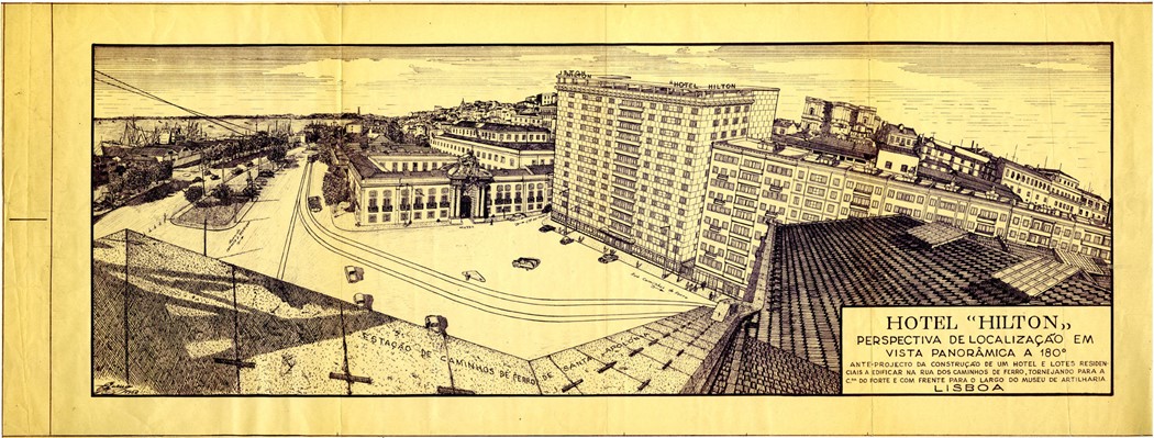 "Hotel Hilton – perspectiva de localização em vista panorâmica a 180º" F. Guerra. 1962 (atrib.) Impresso Museu de Lisboa