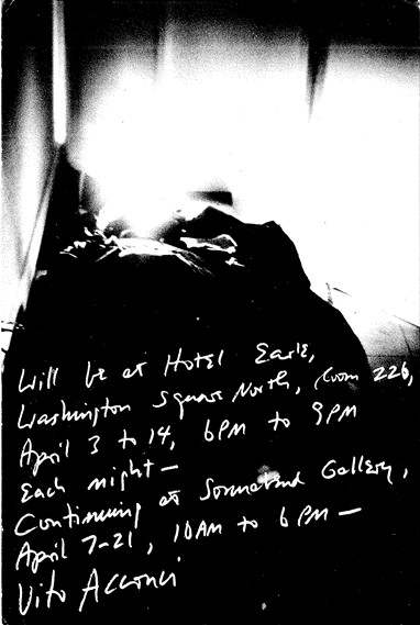 Vito. Acconci: Will be at Hotel Earl..., 1973