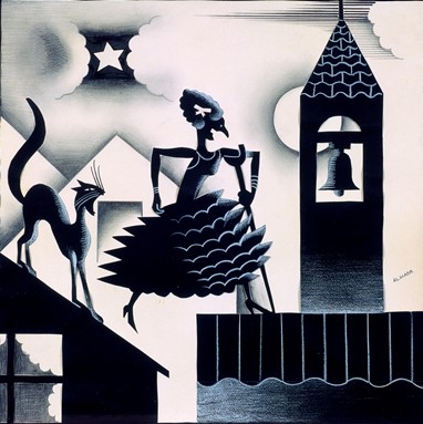 José de Almada Negreiros (1893-1970) - «La Tragedia de Doña Ajada» (lanterna mágica para música de Salvador Bacarisse com poemas de Manuel Abril) - IV. «La luna rota», [1929], papel recortado, lápis branco e preto sobre papel, 47 x 47 cm (suporte) / 62 x 62 cm. Coleção Salvador Bacarisse e