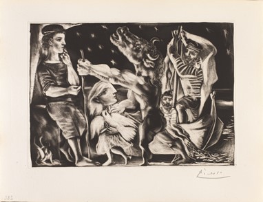 Pablo Picasso Minotaure aveugle guidé par une Fillette dans la Nuit [Blind Minotaur led through the night by girl with Fluttering Dove] November 1934 Aquatint/ Montval laid paper 247 x 347 mm / 340 x 445 mm Fundación MAPFRE’s Collections © Sucesión Pablo Picasso, VEGAP, Madrid, 2019