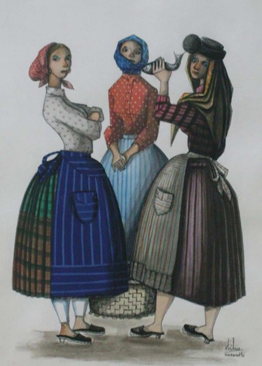 Abílio de Mattos e Silva (1908-1985) "Mulheres em traje de trabalho", s.d. Técnica mista sobre papel obra ass.; abilio/nazareth; canto inf. dir. dim.: 29x20,5 cm
