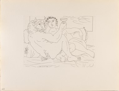 Pablo Picasso Minotaure, une Coupe à la Main, et Jeune Femme [Drinking Minotaur and Reclining Woman] May 17, 1933 Etching/ Montval laid paper 194 x 260 mm / 340 x 440 mm Fundación MAPFRE’s Collections © Sucesión Pablo Picasso, VEGAP, Madrid, 2019