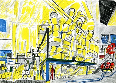 Fulvio Bianconi, ilustração do artigo "una fabbrica di pneumatici", revista "Pirelli" nº 2, April 1957, lápis de cera em papel couché.