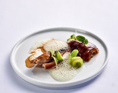 Leitão, pepino, sake, alho negro