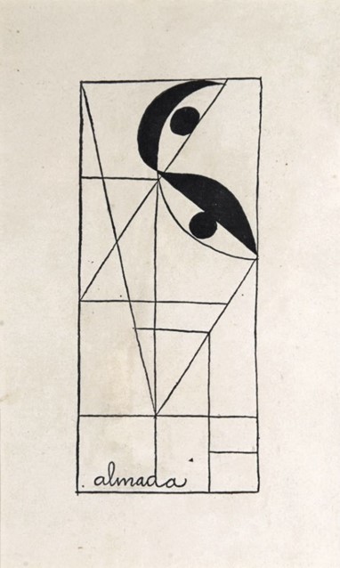 José de Almada Negreiros (1893-1970) - «Auto-reminiscência de Paris», [1949], publicado no jornal «Diário de Lisboa» a 22 de junho de 1949, tinta da China sobre papel, 19 x 11,5 cm. Coleção Manuel de Brito