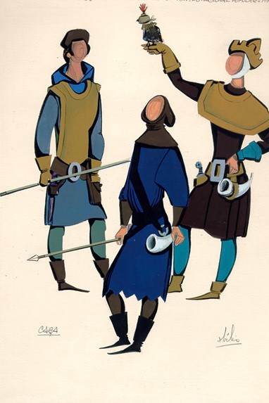 Figurino para a peça “Leonor Teles”, com a representação de um falcoeiro Abílio de Mattos e Silva Desenho a guache sobre cartolina  31,5x22,5cm Museu Nacional do Teatro e da Dança, Inv.º 181393-A