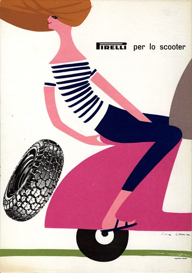 Lora Lamm, publicidade ao pneu Pirelli para scooter, outdoor, 1959. Fundação Pirelli.