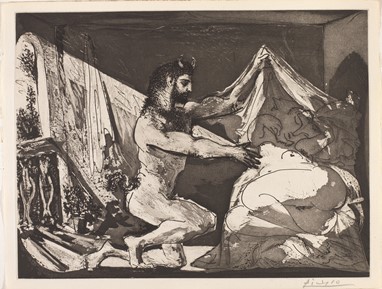 Pablo Picasso Faune dévoilant une Femme [Satyr and Sleeping Woman] June 12, 1936 Aquatint/ Montval laid paper 317 x 417 mm / 440 x 340 mm Fundación MAPFRE’s Collections © Sucesión Pablo Picasso, VEGAP, Madrid, 2019