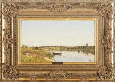 Delpy, Vista de rio, Óleo s/madeira, 29,5 x 53 cm.