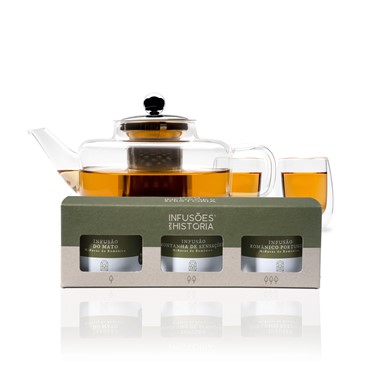 INFUSÕES COM HISTÓRIA_BULE PVPR 24,99 EUR 2 COPOS PVPR 13,99 EUR CHÁS DO ROMÂNTICO CONJUNTO 3 LATAS PVPR 13,99 EUR 