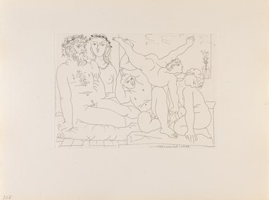 Pablo Picasso Famille de Saltimbanques [Sculptor and Model Watching Three Jugglers] March 30, 1933 Etching/ Montval laid paper 194 x 267 mm / 340 x 445 mm Fundación MAPFRE’s Collections © Sucesión Pablo Picasso, VEGAP, Madrid, 2019